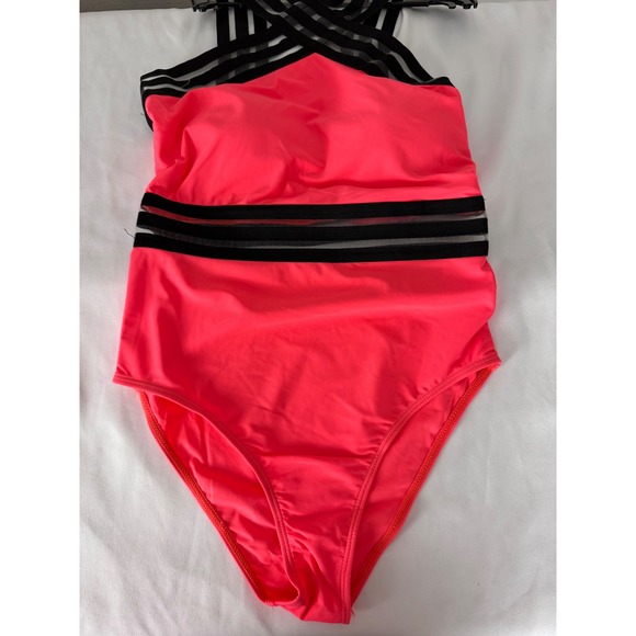 Emme Jordan One Piece Swimsuit Criss Cross Neon Pink Black Mesh Size S - Picture 2 of 5